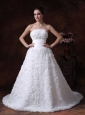 Fabric With Rolling Flowers Strapless A-Line / Princess Modest Chapel Train 2013 Wedding Dress