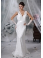 Hampton Iowa  V-neck Lace Decorate Bodice Sash Bowknot Brush Train Wedding Dress For 2013