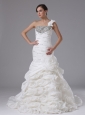 Mermaid One Shoulder Wedding Dress In Arroyo Grande California With Ruched Bodice Ruffled Layers