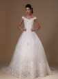 Off The Shoulder A-line Appliques Tulle Church Court Train 2013 New Styles Wedding Dress For Custom Made