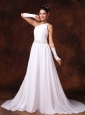 One Shoulder Empire Beaded Decorate Waist Chiffon Court Train Garden Low Cost Wedding Dress For 2013