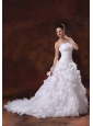 Perfect 2013 Appliques and Ruffles Wedding Dress With Chapel Train Organza For Custom Made In Cartersville Georgia