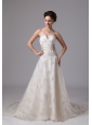 Unique V-neck Lace Court Train Wedding Dress With Appliques For Custom Made In Fayetteville Georgia