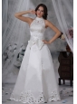 Waukon Iowa High-neck Appliques Sash A-line Bow Satin Wedding Dress For 2013 Fashionable Style