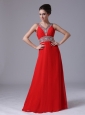 Beaded Decorate Shoulder Empire Chiffon Red V-neck Prom Celebrity Dress Floor-length