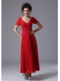 Chiffon V-Neck Column Red Ankle-length Mother of the Bride Dress Short Sleeves