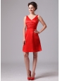 Red Ruch V-neck Satin Knee-length Celebrity Dress For Custom Made In Augusta Georgia