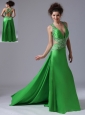 Spring Green Column V-neck Watteau Taffeta Prom Celebrity Dress Backless