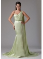 Stylish Yellow Green One Shoulder 2013 Prom Celebirty Dress With Appliques Watteau Train In Groton Connecticut
