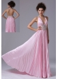 Cute Empire Halter Taffeta Beaded Decorate Waist Brush Train Ruffles Prom Dress