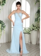 Light Blue High Slit Spaghetti Straps Beaded Over Bodice Prom Dress With Brush Train In Canton