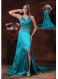Turquoise High Slit Halter Brush Train Prom Dress With Beaded Decorate In Williams Arizona