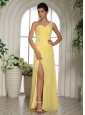 Stylish Light Yellow One Shoulder High Slit Prom Dress With Appliques and Ruch In Uta