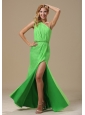 High Slit Spring Green One Shoulder and Ruched Bodice For Prom Dress
