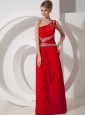 Beading One Shoulder Chiffon Red Column / Sheath Floor-length Evening Dress