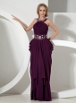 Column Scoop Dark Purple Chiffon Prom Dress With Beaded Decorate Waist