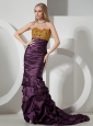 Custom Made Beaded Decorate On Taffeta Brush Train Sweetheart Neckline Dark Purple Prom Dress