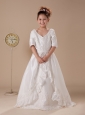 Embroidery V-neck A-Line Taffeta White Flower Girl Dress Half Sleeves