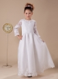 Lace A-Line White Scoop Organza and Taffeta Flower Girl Dress Long Sleeves