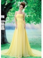 Light Yellow Strapless For Custom Made Prom Dress With Ruched Bodice and Beading