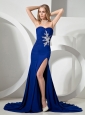 Royal Blue Appliques Ruch Bodice and HIgh Slit For Prom Dress