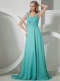 Turquoise Brush Train Gorgeous Evening Dress With Beaded and Ruch Decorate Straps Chiffon