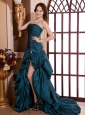 Teal Ruched Bodice and High Slit For Prom Dress With Brush Train