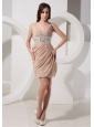 V-neck Neckline Mini-length Beaded and Ruch Decorate Champagne Prom Dress