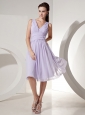 2013 Lilac Column Bridesmaid Dress V-neck Knee-length Chiffon Ruch