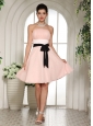 Baby Pink Bridesmaid Dress With Black Sash Knee-length