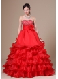 Beaded Decorate Strapless Hand Made Flower Ruffled Layers Red Floor-length 2013 Prom / Evening Dress