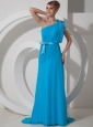 Beading One Shoulder 2013 Prom Dress Chiffon Empire Aqua Blue