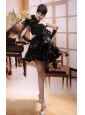 Black One Shoulder A-line Mini-length Hand Made Flowers Stylish Customize Prom Gowns