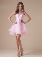 Custom Made Baby Pink Short Prom Dress With Halter Neckline Beaded and Ruch Decorate