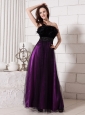 Feather Beaded Decorate Waist Strapless Tulle Purple And Black Formal Evening Prom Gowns