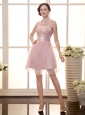 High Neck Pink Tulle Lace Decorate Bodice Brand New Custom Made Prom Gowns
