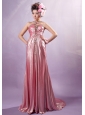 Light Pink Cross Straps Silk Like Satin Beading Prom / Evening Dress With Court Train