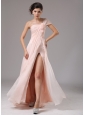 Light Pink One Shoulder and Hand Made Flowers For 2013 Evening Dress Custom Made