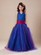 Paillette Over Skirt A-Line Sashes/Ribbons Royal Blue Halter Flower Girl Dress
