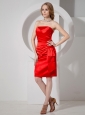 Red Column Strapless Knee-length Satin Ruch Decorate Bridesmaid Dress