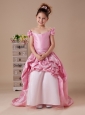 Rose Pink Off the Shoulder A-Line Short Sleeves Sweep Taffeta Custom Made Flower Girl Dress