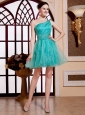 Turquoise One Shoulder Organza A-line Mini-length Beaded Decorate Waist Designer Custom Made Prom Gowns