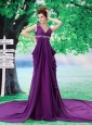 V-neck Beading Evening Dress Chiffon Purple Watteau Empire