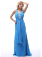 2013 Sky Blue Halter Beaded Prom / Evening Dress With Brush Train For Custom Made