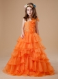 A-Line Orange Beautiful Beading One Shoulder Organza Flower Girl Dress