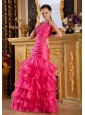 Beaded Decorate One Shoulder Ruch and Ruffled Layers Mermaid Floor-length Organza Coral Red 2013 Prom / Evening Dress