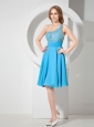 Beaded Decorate Shoulder Empire Aqua Blue Prom Dress
