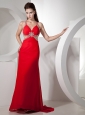 Beading and Ruch Decorate Bodice Straps Red Chiffon Brush Train 2013 Prom / Evening Dress