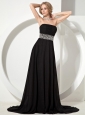 Black Custom Made Evening Dress Hot With Beaded Decorate Waist Chiffon Brush Train
