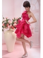 Coral Red One Shoulder A-line Mini-length Hand Made Flowers Stylish Customize Prom Gowns